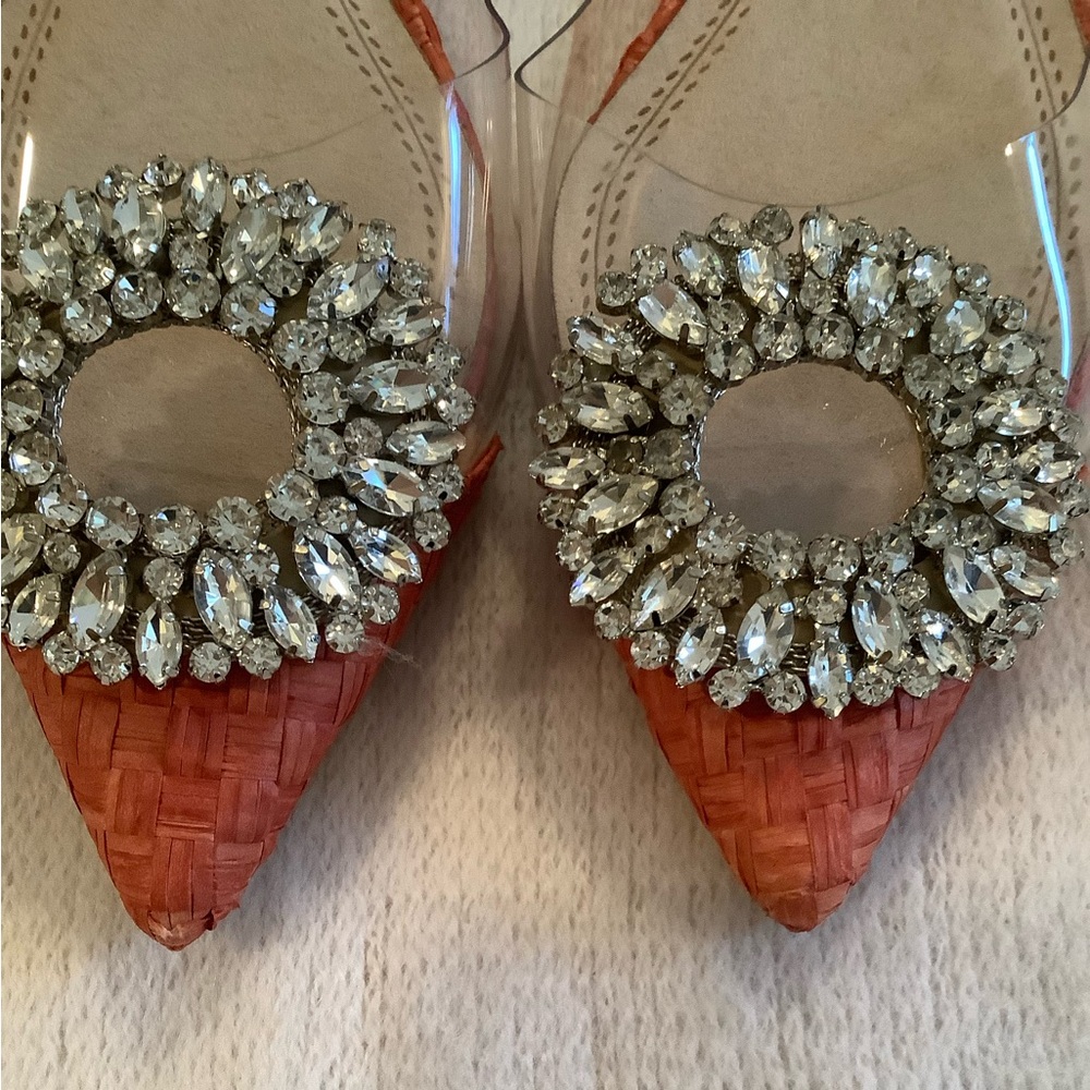Orange raffia, plastic and rhinestone slingbacks